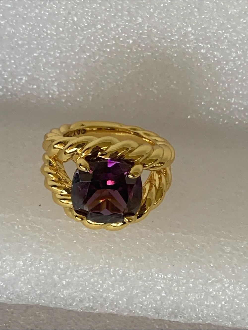 Gold-Tone Rope Ring with Deep Purple Cushion Gem